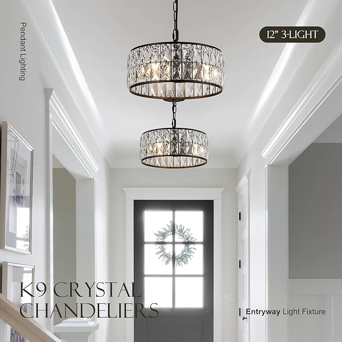 12” 3-Light Modern Crystal Chandeliers Black Dinning Room Light Fixture, Round Pendant Light Kitchen Island Chandelier, Flush Mount Ceiling Light for Living Room Entryway Bedroom Foyer-HomvellaHome
