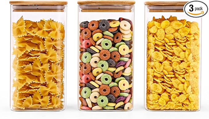 Glass Food Storage Jars Square 44oz, 3 Pack Glass Jars With Bamboo Lids, Kitchen Storage Containers For Spice, Candy, Cookie, Storage For Pantry Organizers-HomvellaHome