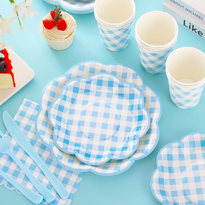 175 Pcs Blue Gingham Plates and Napkins Party Supplies - Blue and White Checkered Plates Sets Serve 25 Guests - Scalloped Gingham Paper Plate for Birthday Dinner Wedding Baby Shower Party Decorations-HomvellaHome