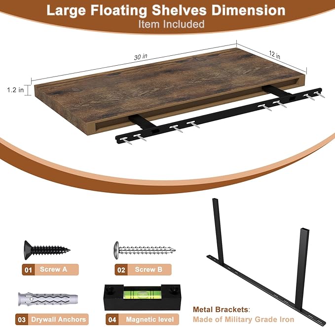12 Inch Deep Floating Shelves for Wall 3 Pack Floating Shelves Large Storage Space Wall Mount Shelf for Living Room Kitchen Bathroom 30" W x 12" D x 1.2" H Rustic Brown-HomvellaHome