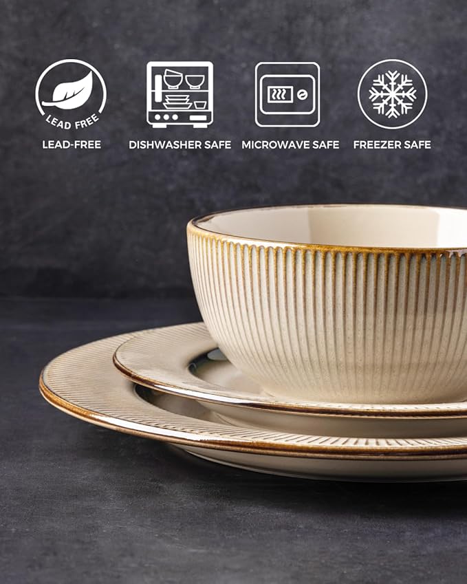 GBHOME Ceramic Dinnerware Sets,12 pcs Embossed Elegant Stoneware Plates and Bowls Sets, Housewarming Wedding Gift | Dishwasher & Microwave Safe | Dishes Set Service for 4-HomvellaHome