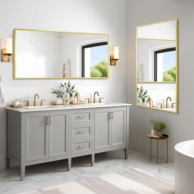 Gold Bathroom Mirror for Wall, 60x30 Inch Rectangle Mirrors with Metal Frame, Modern Vanity Wall Mirror Decor for Bathroom Living Room, Entryway Hangs Horizontal or Vertical-HomvellaHome