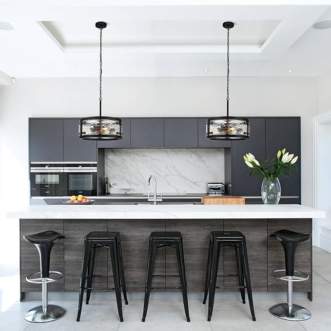 13" Industrial Drum Glass Chandelier, 3-Light Rustic Hanging Pendant Lights, Metal Round Lighting Fixture for Dining Room Foyer Entryway Hallway Bedroom, Clear Waterglass Drum Shade-HomvellaHome