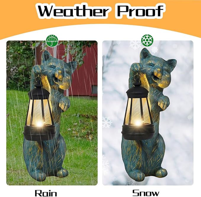 Garden Statues Cat with Solar Lantern Outdoor Bunny Figurines Decorations for Patio Yard Lawn Ornaments Gifts for Birthday Easter Housewarming Mother's Day-HomvellaHome