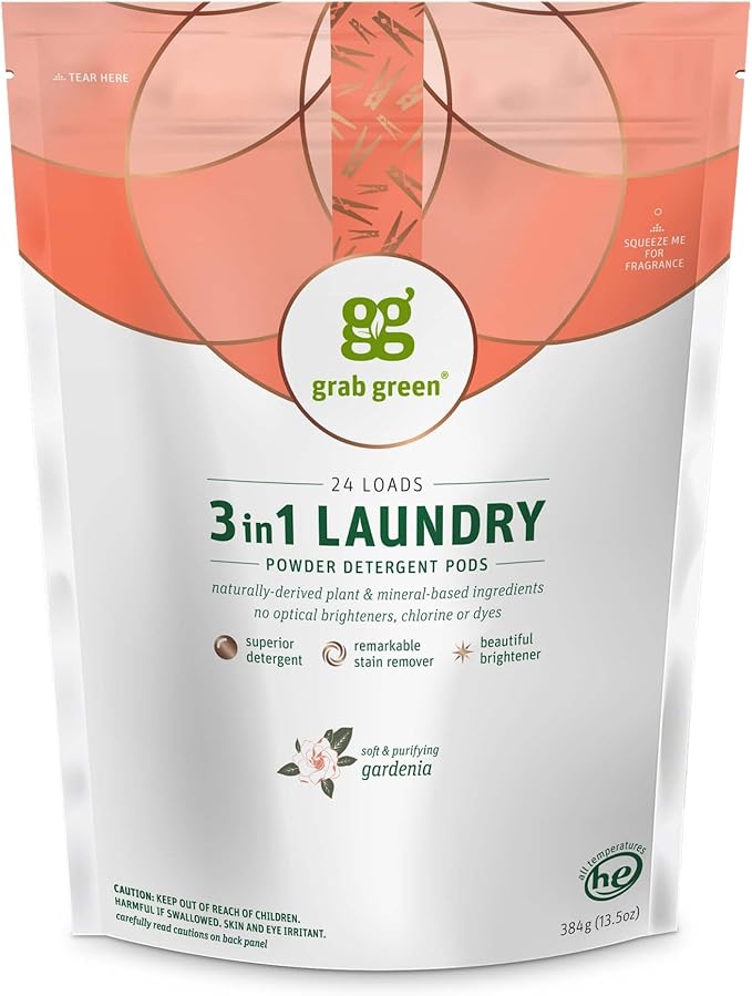 Grab Green 3-in-1 Laundry Detergent Pods, 24 Count, Gardenia Scent, Plant and Mineral Based, Superior Cleaning Power, Stain Remover, Brightens Clothes-HomvellaHome