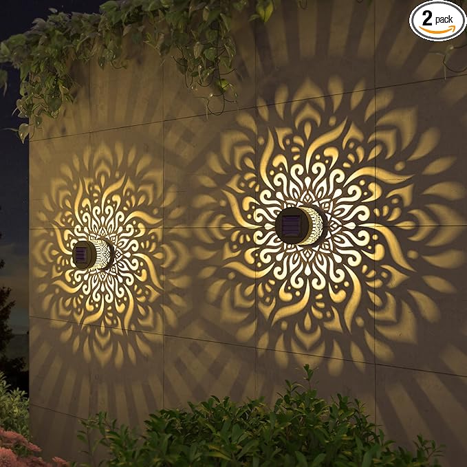 2 Pack Solar Fence Lights Metal Solar Powered Outdoor Deck Step Wall Lights Mandala Theme Waterproof Fence Light for Garden Post Patio Backyard Yard Decor (2 Pack)-HomvellaHome