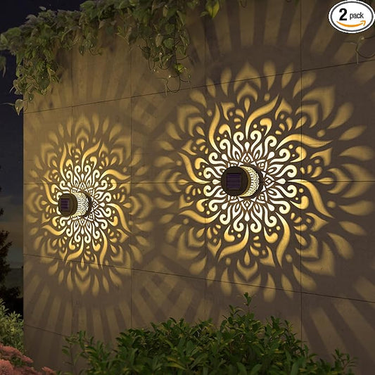2 Pack Solar Fence Lights Metal Solar Powered Outdoor Deck Step Wall Lights Mandala Theme Waterproof Fence Light for Garden Post Patio Backyard Yard Decor (2 Pack)-HomvellaHome
