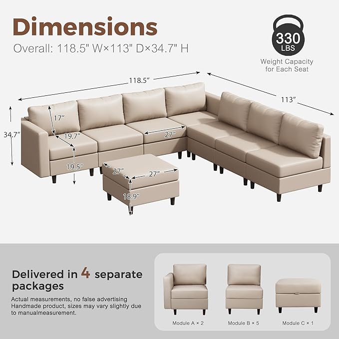 118.5" Faux Leather Modular Sectional Convertible Sofa, L Shaped Couch Set for Living Room, Large 8-Seater Comfy Cloud Couches with Movable Storage Ottoman DIY Combination - Whitesand-HomvellaHome