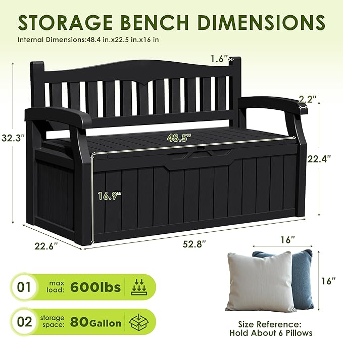 Greesum 80 Gallon Outdoor Storage Bench, Resin Patio Furniture with Armrest,Waterproof and UV-Resistant, Perfect to Garden, Poolside and Lawn, Dark Black-HomvellaHome