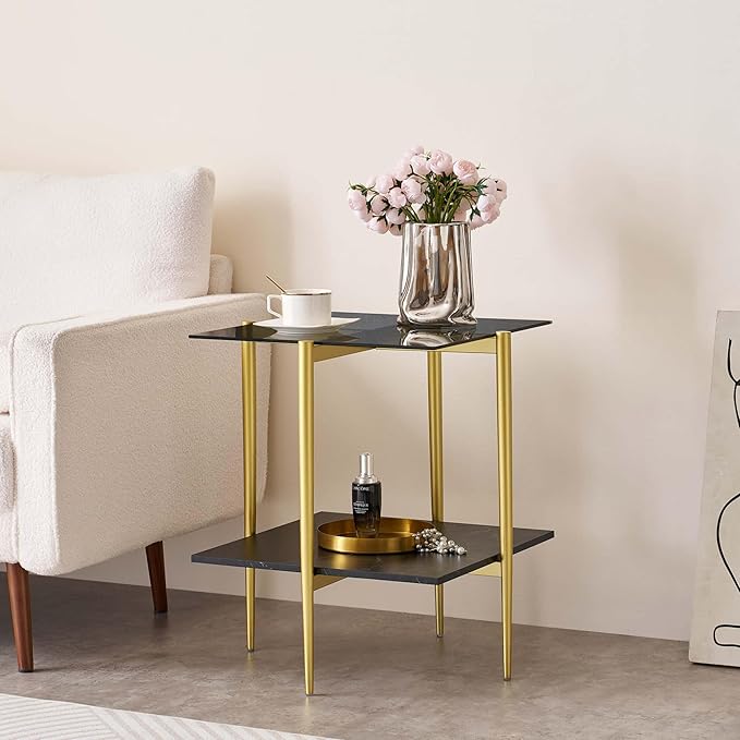 Glass End Table, Mid-Century Modern Design Sofa Table, for Living Room, L18 x W18 x H23 in, Clear Glass Top and Walnut MDF Shelf, Sleek Conical Metal Legs with Gold Finish Frame-HomvellaHome