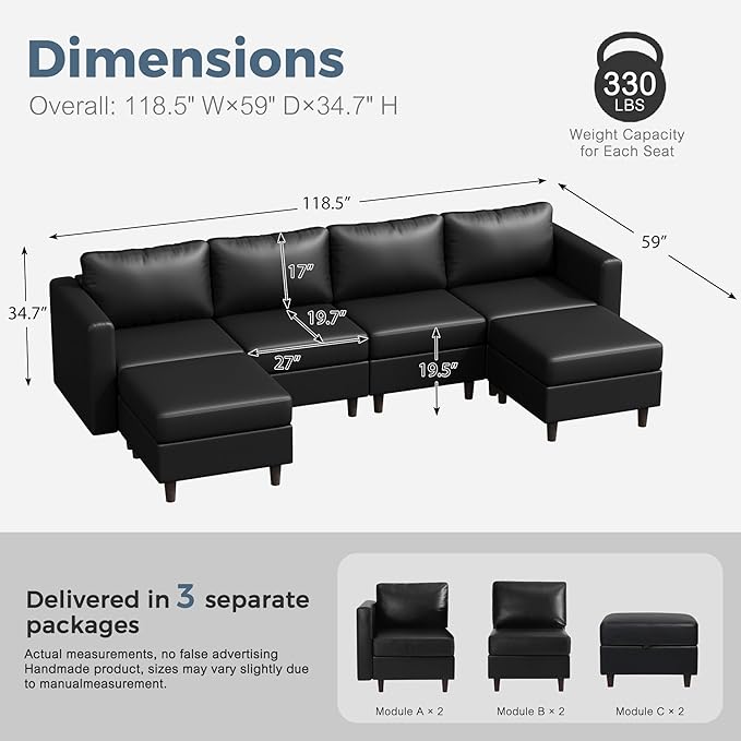 118.5" Oversized Modular Sectional Sofa, Faux Leather 6 Seater U Shaped Couch with Movable Ottoman and Storage Seat with Reversible Chaise Deep Seat for Living Room Black-HomvellaHome