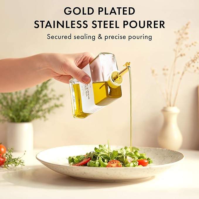 Glass Olive Oil Dispenser Bottle Set [2x17oz]: 36 Premium Gold Labels, Oil Dispenser for kitchen, Vinegar Bottle Set, Glass Dispensers for Soy Sauce, Syrup Bottles | Set of 2-HomvellaHome