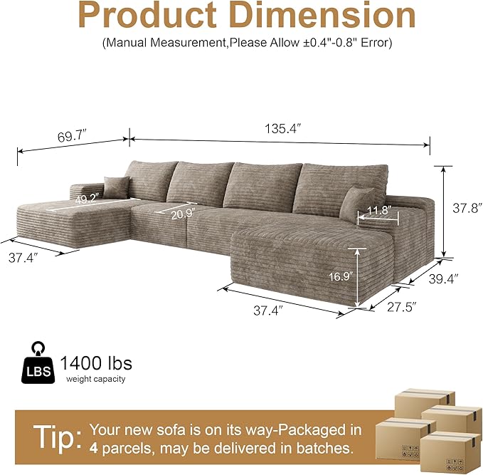 136" Sectional Couches for Living Room Modern Modular Sofa with L-Shape Couchs Upholstered Boneless Couch Deep Seat Sectional Couch with Chaise (Camel, Left Facing Chaise+3Seaters+Ottoman)-HomvellaHome