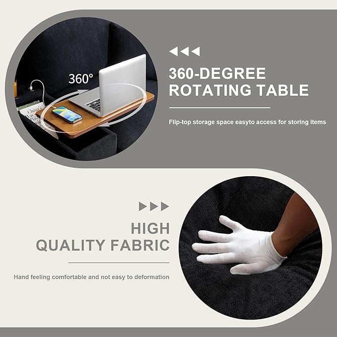 120.3" Modern L-Shaped Sectional Sofa with 360°Swivel Drop-Down Table, Storage Armrest, USB Ports & Movable Storage Ottoman – Plush Linen Cloud Couch for Lounge (Black)-HomvellaHome