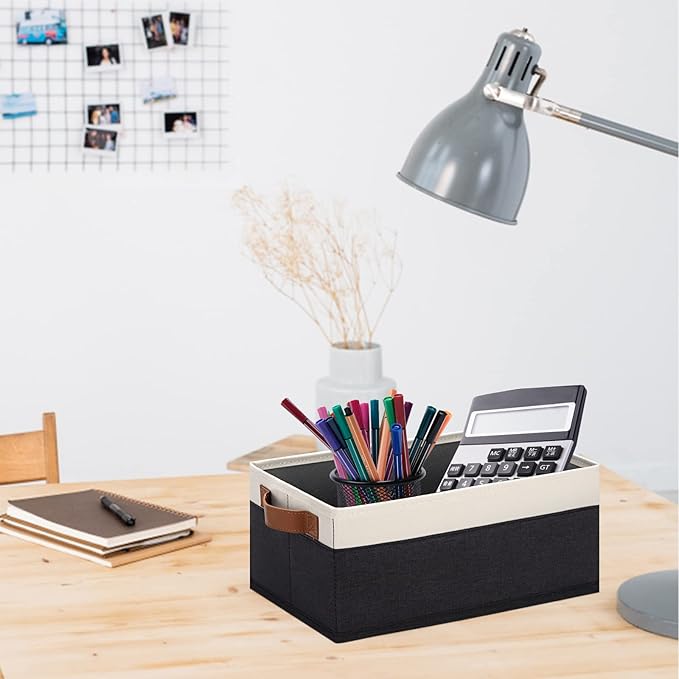 GhvyenntteS Storage Baskets for Shelves 12 Pack, Fabric Storage Bins with Leather Handles, Foldable Rectangular Storage Baskets for Organizing Home, Office (Black/White, 11.8" x 7.87" x 5.11")-HomvellaHome