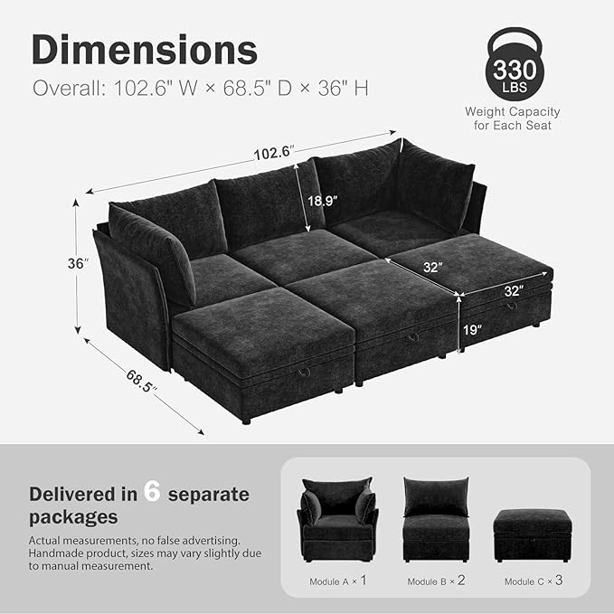 102.6" Luxury Modular Sleeper Sofa Bed 6 Seat Reversible Sectional Couch Deep Seat with Storage Chaises Removable Cover for Living Room, Apartment - Chenille Black-HomvellaHome
