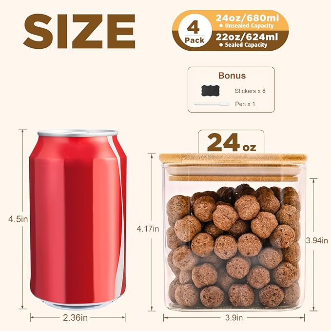 Glass Food Storage Jars Square 24oz, 4 Pack Glass Jars With Bamboo Lids, Kitchen Storage Containers For Spice, Candy, Cookie, Storage For Pantry Organizers-HomvellaHome