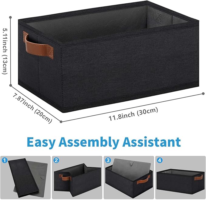 GhvyenntteS Small Fabric Storage Bins 6 Pack, 11.8" x 7.87" x 5.11" Storage Basket with Leather Handles, Closet Storage Bins for Shelves, Storage Baskets for Shelves, DVD Storage (Black)-HomvellaHome