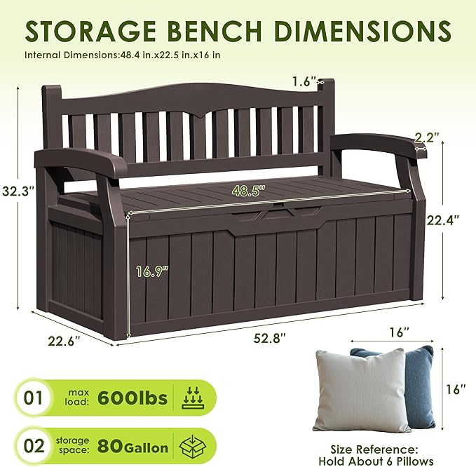Greesum 80 Gallon Outdoor Storage Bench, Resin Patio Furniture with Armrest,Waterproof and UV-Resistant, Perfect to Garden, Poolside and Lawn, Dark Brown-HomvellaHome