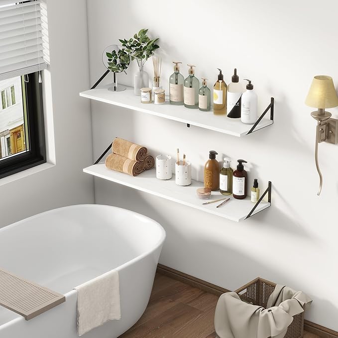 12 Inch Deep Floating Shelves, White Floating Shelves 48W x 12D, Deep Wall Shelves Bracket Set of 2, Large Display Hanging Floating Shelf for Bathroom, Living Room, Wide Storage Wooden Wall Shelf-HomvellaHome