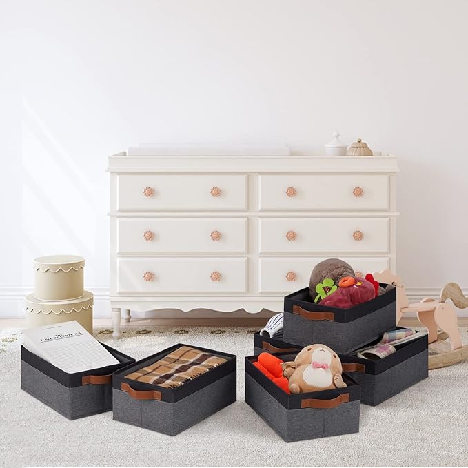 GhvyenntteS Small Fabric Storage Bins 12 Pack, 11.8" x 7.87" x 5.11" Storage Basket with Leather Handles, Closet Storage Bins for Shelves, Storage Baskets for Shelves, DVD Storage (Grey/Black)-HomvellaHome