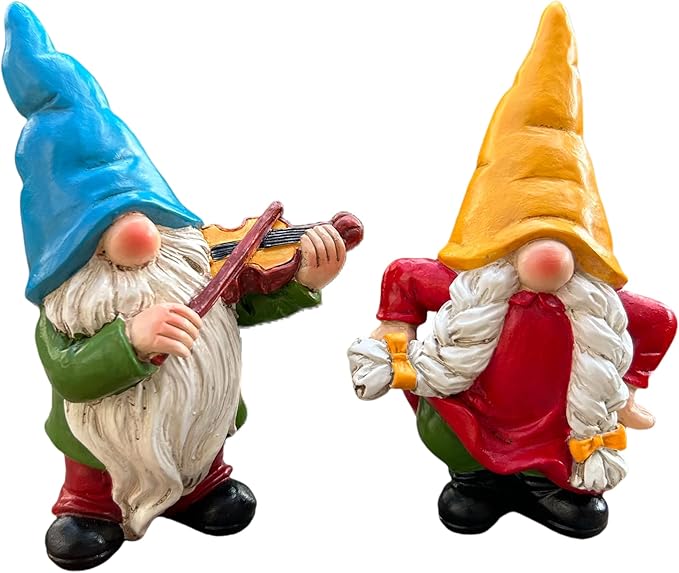 Garden Gnome Duo Decorative Figurines 5.5“ Ornament for Indoor Outdoor Home Garden Decor，Musical Violin Player and Dancing, Colorful Outdoor Statues, Set of 2-HomvellaHome