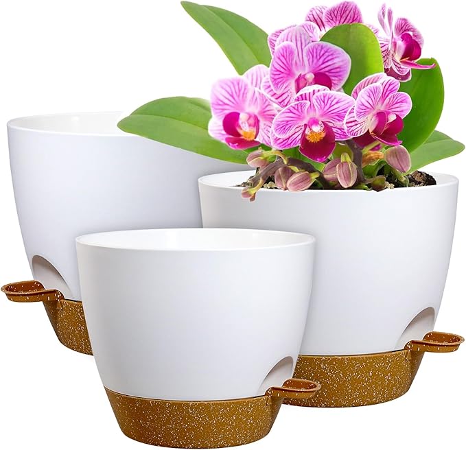 12/10/9 inch Large Self Watering Pots, Plant Pots with Mesh Drainage Holes for Indoor Outdoor Garden Plants, Flower Pots with Deep Reservoir, 3 Pack Plastic Planters, White with Brown-HomvellaHome