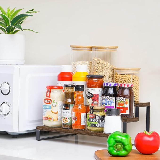 Giikin 3-Tier Spice Rack, 13.8 Inch Wood Step Shelf Countertop Spice Storage Holder, Kitchen Pantry Cabinet Organizer Cupboard for Spice Bottles, Jars, Seasonings, Baking Supplies, Metal Frame-HomvellaHome