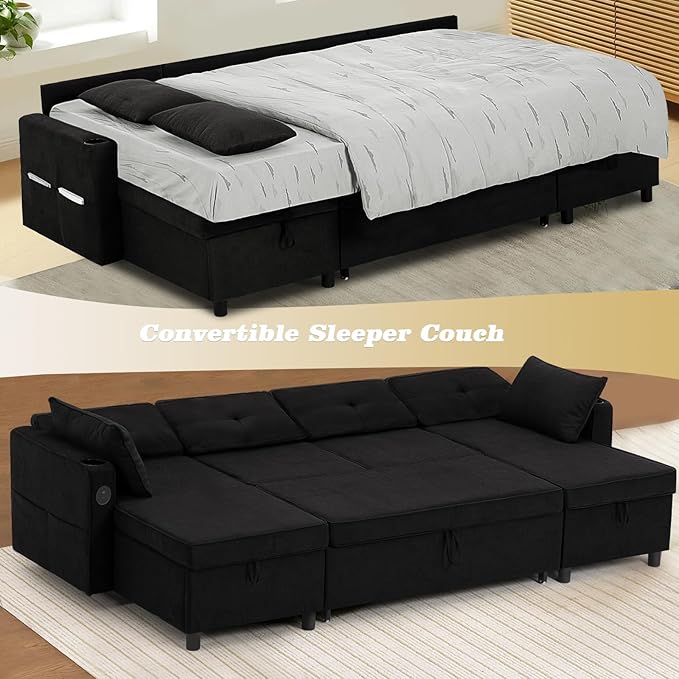 110 Inches Chenille Sectional Sofa w/Pull Out Sofa Bed & Adjustable Back, Tufted U Shaped Couch w/Two Storage Chaises, Sleeper Sectional Sofa w/USB Port & Cup Holders for Living Room, Black-HomvellaHome