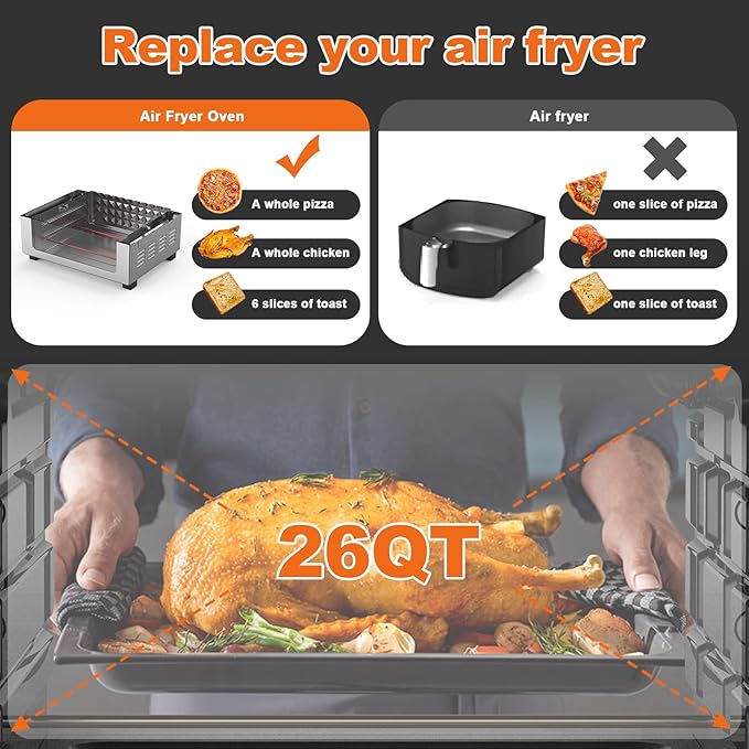 Geek Chef 26 QT Air Fryer Oven, Big Air Fryer, Toast Oven with Bake, Roast, Pizza, Easy to Use & Clean, 6 Slice Toast, Stainless Steel-HomvellaHome