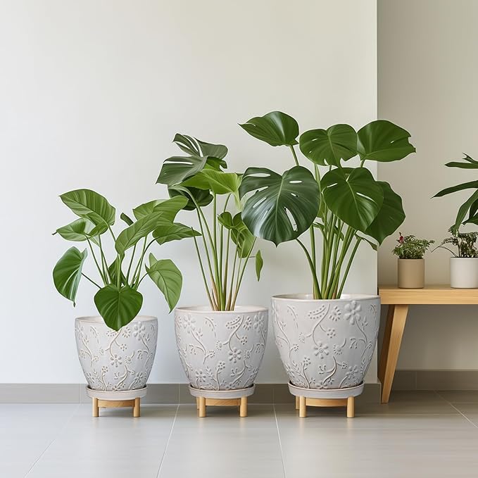 10 Inch Plant Pot Ceramic Planter Pot with Drainage Hole and Saucer Round Planter Large Flower Pot for Indoor Outdoor Plants Home Garden Decor White-HomvellaHome