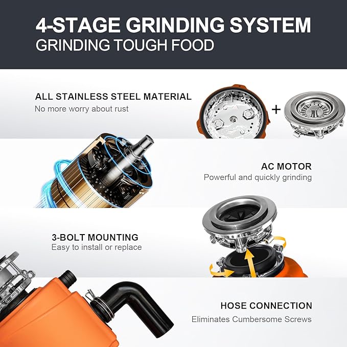 Garbage Disposal 1 HP Ultra Quiet Intelligent Auto-Reverse Function Continuous Feed Food Waste Disposer with Power Cord Easy install, AC Motor Stainless Steel Grind 1 Horsepower (MAX-6)-HomvellaHome