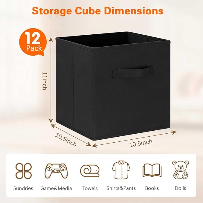 GhvyenntteS Storage Cubes 12 Pack, 11 Inch Cube Storage Bins with Dual Handles, Collapsible Heavy Duty Fabric Bins for Shelves Closet, Baskets for Organizing Clothes Bedding Toys Books (Black)-HomvellaHome