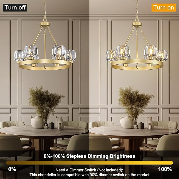 Gold Wagon Wheel Chandelier, 24 Inch Brass Chandeliers with Unique Glass Shade, 6-Light Crystal Farmhouse Wagon Wheel Chandeliers for Dining Room, Round Chandelier for Living Room, Foyer, Entryway-HomvellaHome