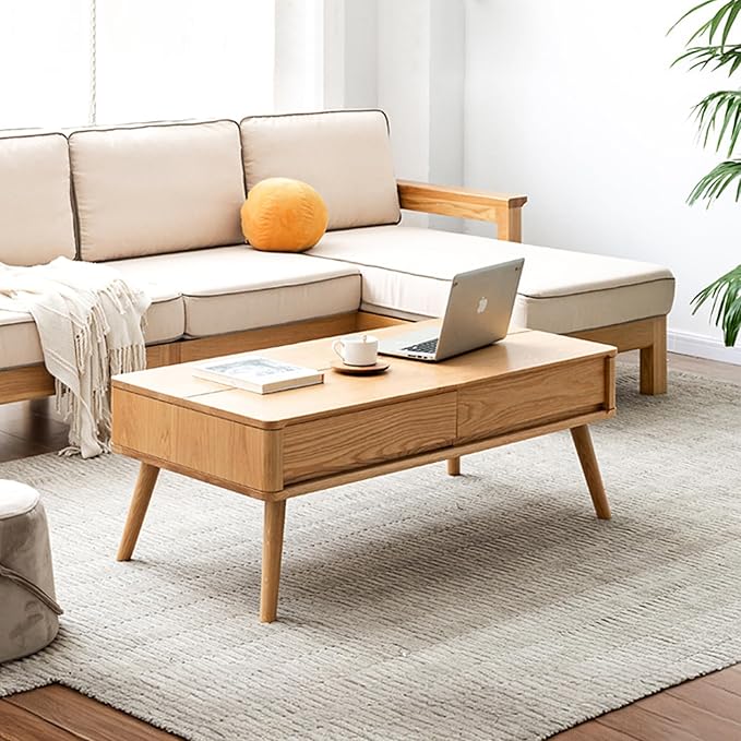 100% Solid Wood Lift Top Coffee Table for Living Room, Mid Century Modern Tables with Drawers and Large Storage, Oak Coffee Tables for Small Spaces (Oak Wood Log, 39.37" W x 21.65" D x 25.59" H)-HomvellaHome
