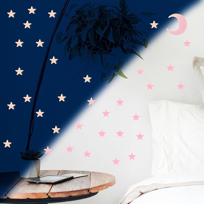 100 Stars and 1 Moon Glow in The Dark Luminous Fluorescent 3D Plastic Glow Stars Moon for Ceiling, Glowing Wall Stickers Create a Realistic Starry Sky, Room Decorations (Pink)-HomvellaHome