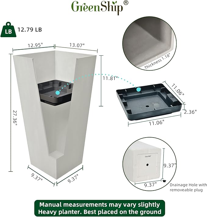 GreenShip 27" Tall Planters, Set of 2 – Black Outdoor Planter for Front Porch & Tall Plants, Weather-Resistant, with Drainage Hole & Rubber Plug (No Plants Included) (White-2pcs)-HomvellaHome