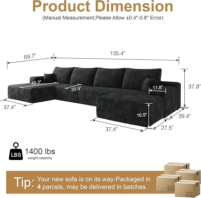 136" Sectional Couches for Living Room Modern Modular Sofa with L-Shape Couchs Upholstered Boneless Couch Deep Seat Sectional Couch with Chaise (Black, Left Facing Chaise+3Seaters+Ottoman)-HomvellaHome