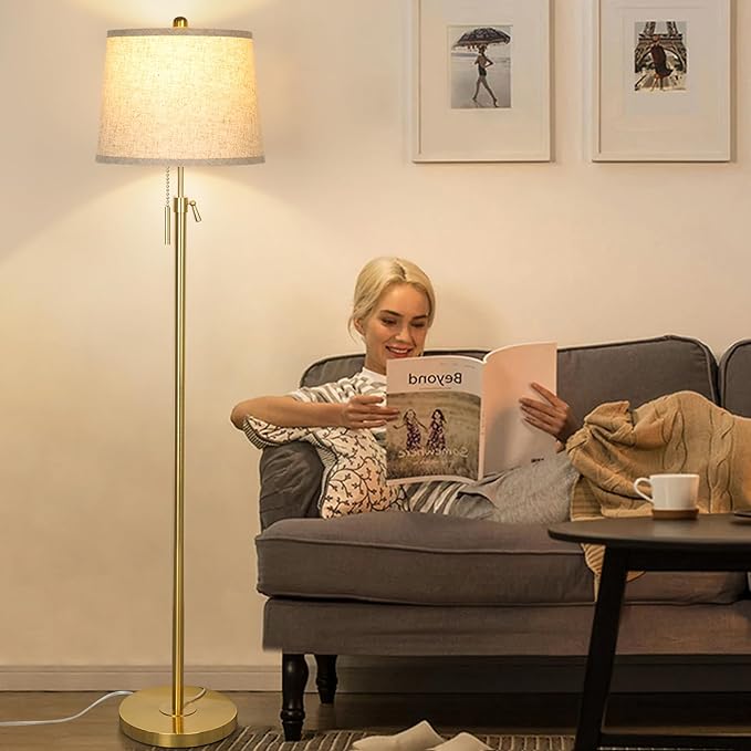 Gold Floor Lamp for Living Room 55-65" Adjustable Modern Brass Standing Lamp with Pull Chain Tall Pole Light with Beige Shade for Bedroom Reading Office Corner Nursery 9W LED Bulb Included 3 ColorTemp-HomvellaHome