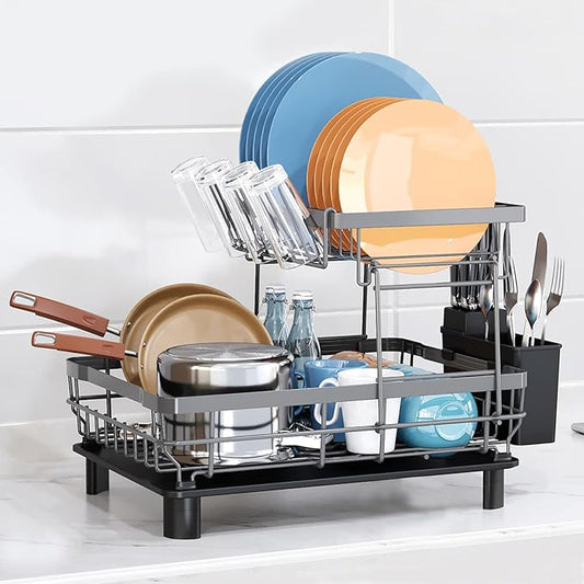 GAXmi Dish Drying Rack Over The Sink Dish Drainer with Drainboard Utensil Holder Cup Holder, 2-Tier Grey-HomvellaHome
