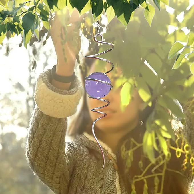 Gazing Ball Spiral Decorative Wind Spinner Sun Catcher 11inch Tail and 2 inch Glass Orb. Indoor Outdoor Garden Decoration Wind Sculptures-13 inch Height (Purple)-HomvellaHome