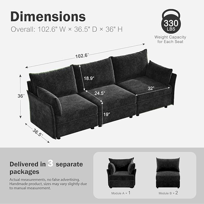 102.6" Modular Sectional Sofa, Oversized 3-Seater Couch with Removable Black Chenille Fabric Cover, Deep Seat & High Backrest for Living Room, Office & Apartment-HomvellaHome