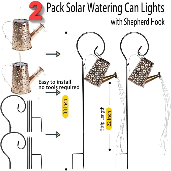 2 Pack Solar Watering Can Lights with Shepherd Hook, 8 Multi-Color Changing Modes, IP65 Waterproof, 60pcs String Lights for Outdoor Garden Pathway Lawn Patio Deck Walkway Courtyard-HomvellaHome