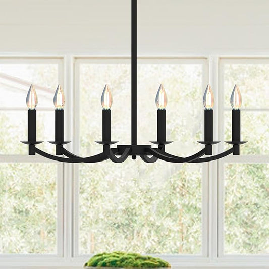 Modern Black Chandelier, Round LED Ceiling Hanging Lamp, Farmhouse Candle Pendant Light Fixtures for Bedroom Living Room Dining Room Kitchen Island (Black-A 6Lights)
