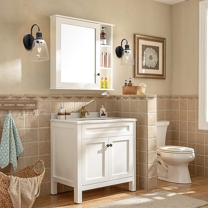 1-Light Vintage Wall Sconce, Yosoan Black Industrial Fixture Light with Elegant Gooseneck Curved Rod, Indoor Clear Glass Shade Wall Lamp Lighting for Bathroom Porch Kitchen Living Room Restaurant-HomvellaHome