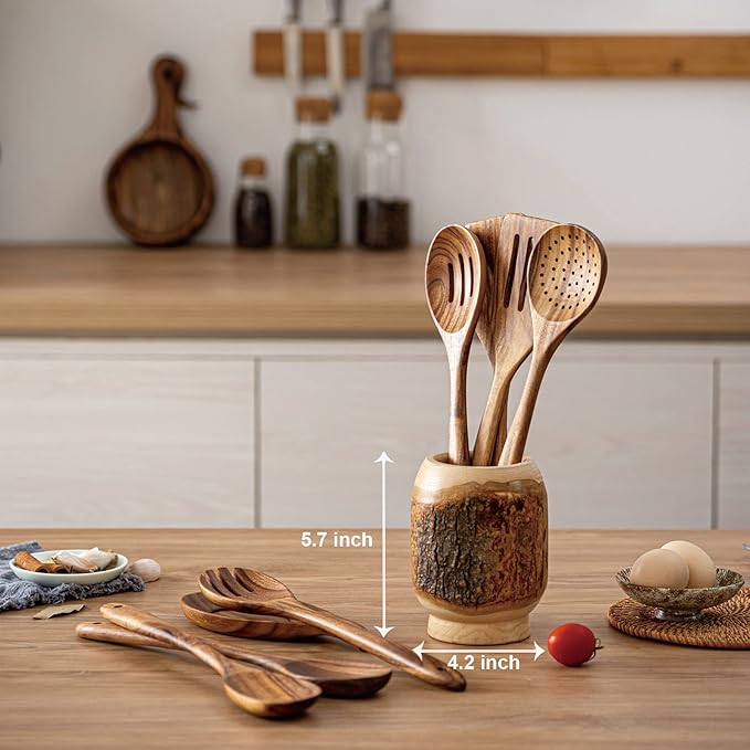 Gudamaye 13 inch Long Wooden Spoons for Cooking,Wooden Utensils for Cooking with Utensils Holder,9 PCES Wooden Kitchen Utensils Set with Utensils Holder and Spoon Rest,Natural Teak Wooden Spoons Set-HomvellaHome