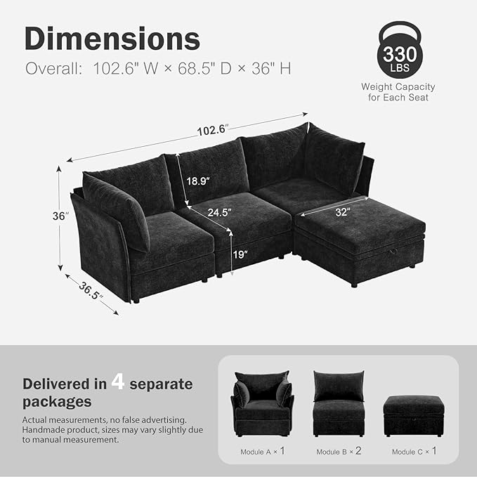 102.6" Modular Sectional Sofa, L Shaped Couch Set for Living Room, 3-Seater Comfy Cloud Couches with Movable Storage Ottoman,DIY Combination - Chenille Black-HomvellaHome