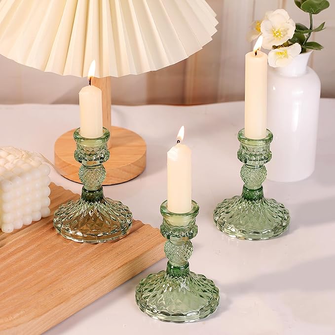 12Pcs Green Candlestick Holders Set- 4" H Taper Candle Holders Bulk, Glass Candle Holders for Wedding, Party, Romantic Dinner Table Centerpieces, Festival Gifts & Windowsill Decor-HomvellaHome