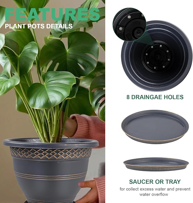 10 Inch 4 Pack Large Plant Pots, Plastic Flower Pot for Indoor & Outdoor with Drainage Holes & Saucer, Plaid Pattern Planters Garden Pots for Herbs-HomvellaHome