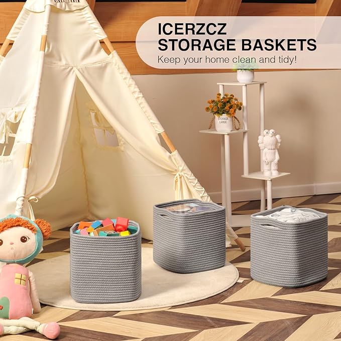 11 Inch Cube Storage Bins, Storage Cube Organizer Bins, Woven Cotton Rope Basket for Storage, Storage Baskets for Organizing Shelves, Grey Baskets for Toys Nursery, Grey (Pack of 3)-HomvellaHome